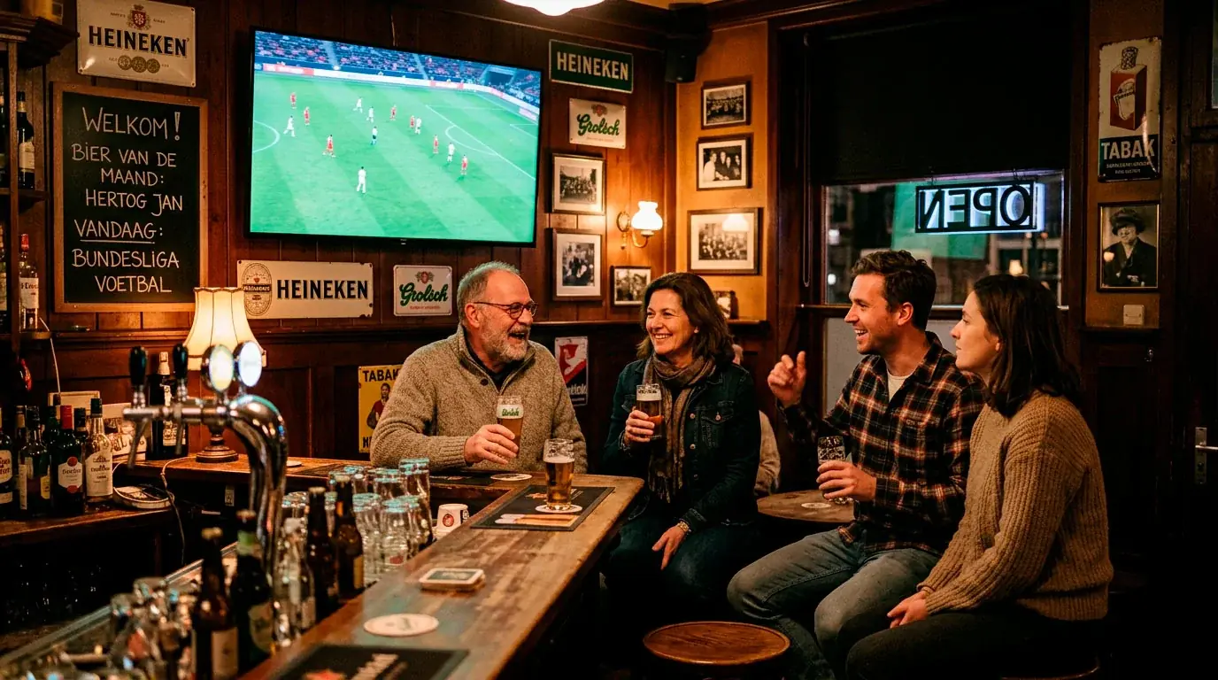 Nederlandse voetbalsupporters op een tribune kijken naar een Bundesliga-wedstrijd via een groot scherm